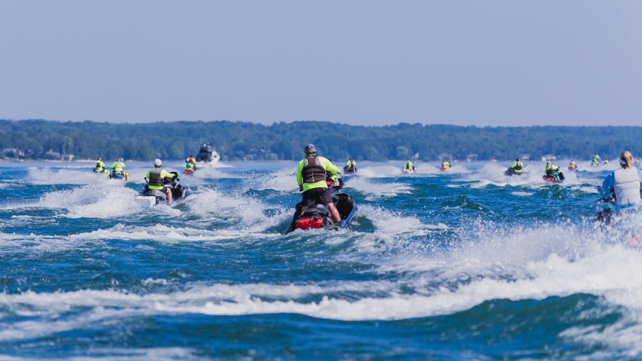 Group of Sea-Doos riding open water on Georgian Bay